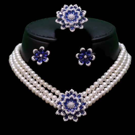 طقم لؤلؤ عبية الأزرق - Abiya Blue Pearl Set فضة 925