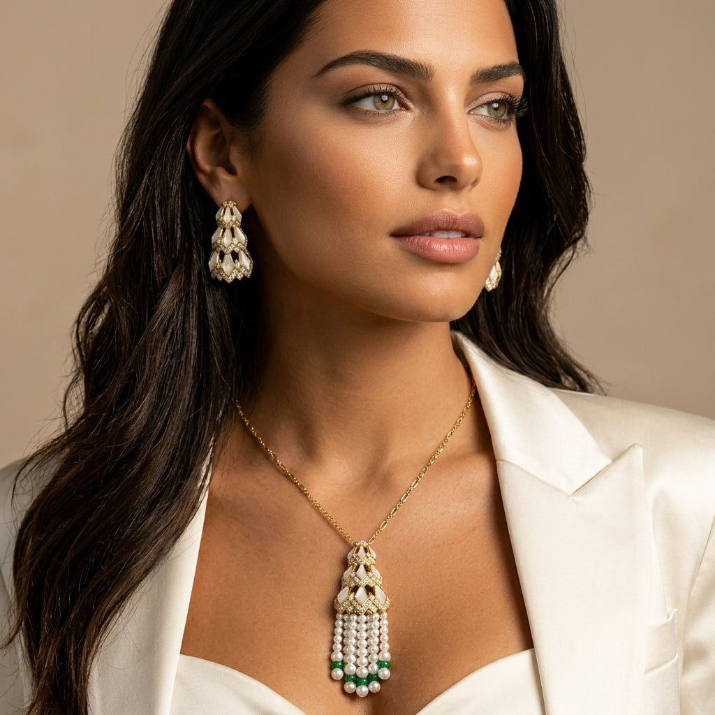 طقم لؤلؤ ثريا الأخضر - Thuriya Green Pearl Set فضة 925 - صورة 3